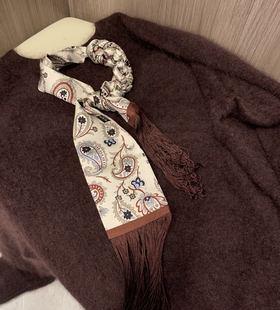 花卉bandana双层粗斜纹桑蚕丝围巾185×8 流苏工艺真丝长条丝巾
