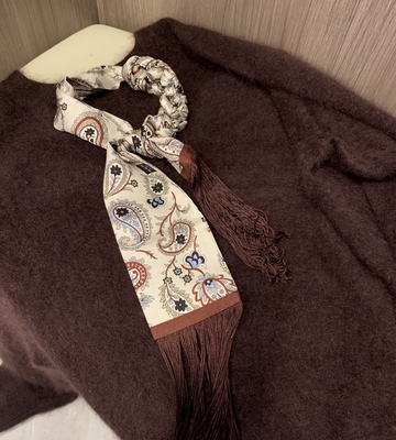 流苏工艺真丝长条丝巾！花卉bandana双层粗斜纹桑蚕丝围巾185×8