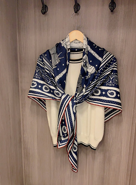骏马图藏蓝色丝毛经典图案桑蚕丝羊毛女丝巾大方巾披肩130cm/190g