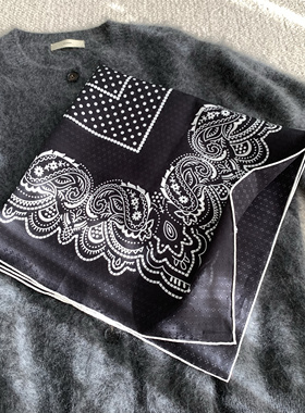 波点bandana 舒适有型 暗花纹丝棉围巾 桑蚕丝有机棉百搭黑色方巾