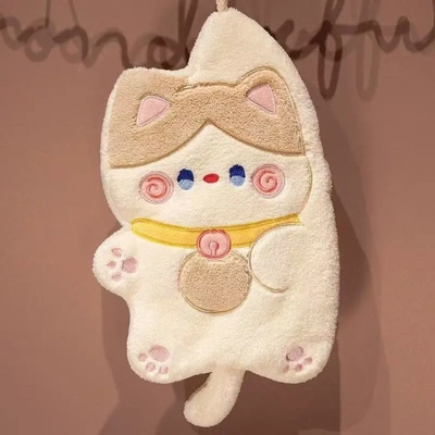 卡通猫咪珊瑚绒擦手巾厨房可挂式加厚吸水毛巾两用卫生间小猫抹布
