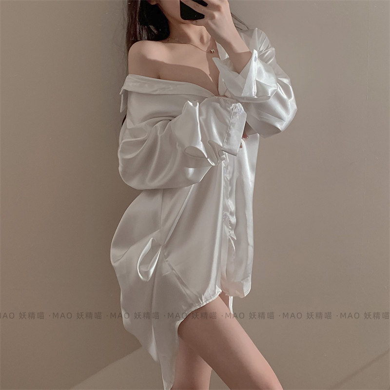 妖精喵：纯欲风大码衬衫性感免脱纯色简约男友风小胸睡裙春夏女款