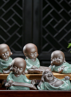 中式风小和尚博古架花盆装饰品