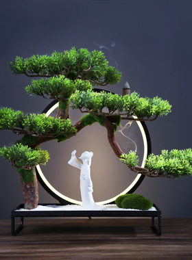 中式风禅意陶瓷仿真迎客松装饰品