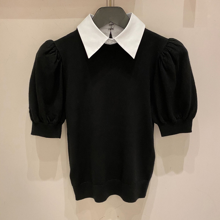 白色衬衫领短款上衣短袖针织衫