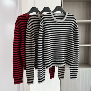 女长袖 慵懒风条纹针织衫 圆领宽松百搭毛衣 小众2025秋冬新款 法式