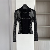 打底衫 美式 上衣 长袖 半高领气质修身 复古网纱拼接T恤2025秋季 时尚