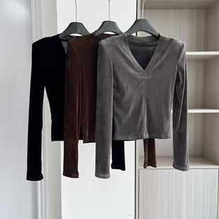 百搭V领轻奢长袖 时尚 T恤女宽松上衣女 2025新款 高级感丝绒早秋女装