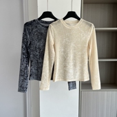 高级感丝绒早秋2025新款 显瘦圆领打底上衣 气质修身 长袖 T恤时尚