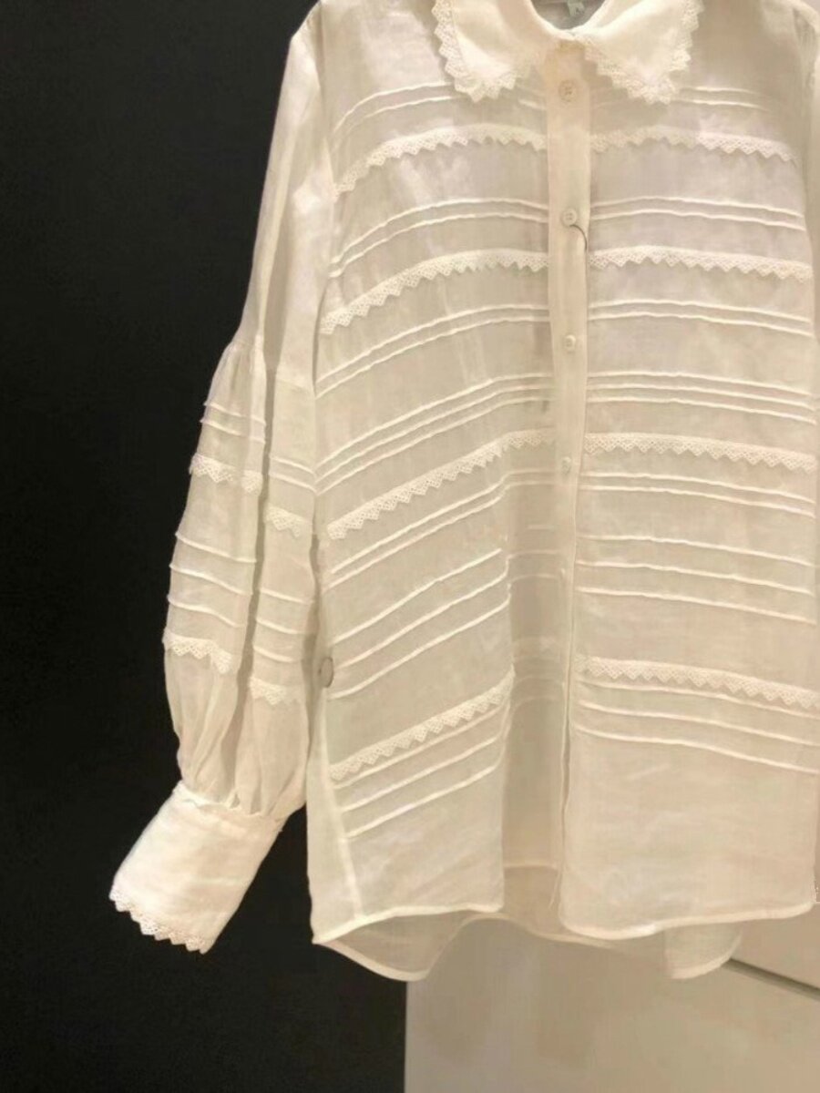 틈새 2024 봄 신상 스트라이프 레이스 긴팔 셔츠 기질 흰색 달콤한 감년 셔츠 여성 트렌드