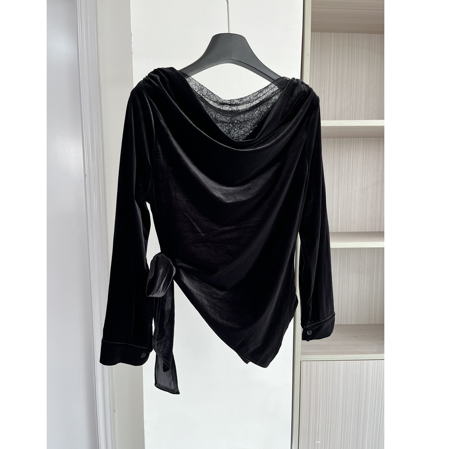 法式小众荡领系带长袖T恤上衣女