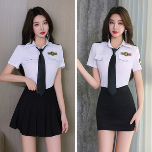 军鼓队长袖衬衣酒吧服务员工作服机长空姐空少职业装乐队红色服装