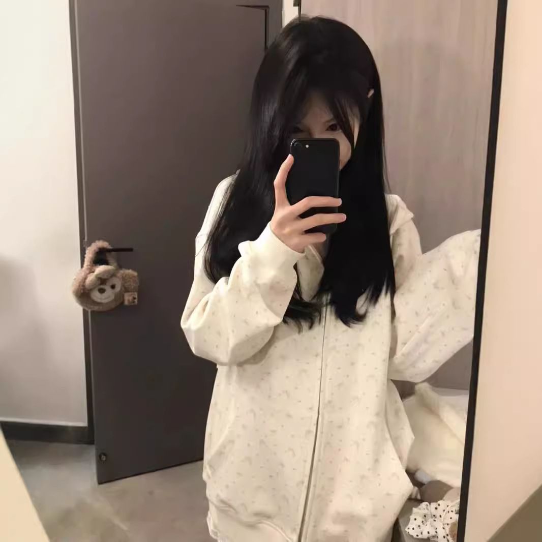 2025新款港味复古碎花潮牌连帽卫衣女宽松慵懒上衣秋冬款外套开衫