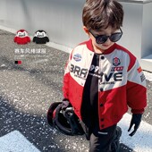 男童棒球服外套春秋款 机车服女宝宝洋气红色夹克儿童上衣 2026新款