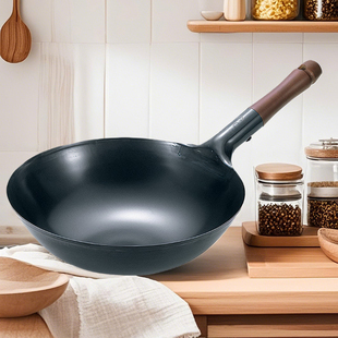 SUMMIT日本进口铁锅炒锅无涂层木柄圆底少油烟专业厨师锅