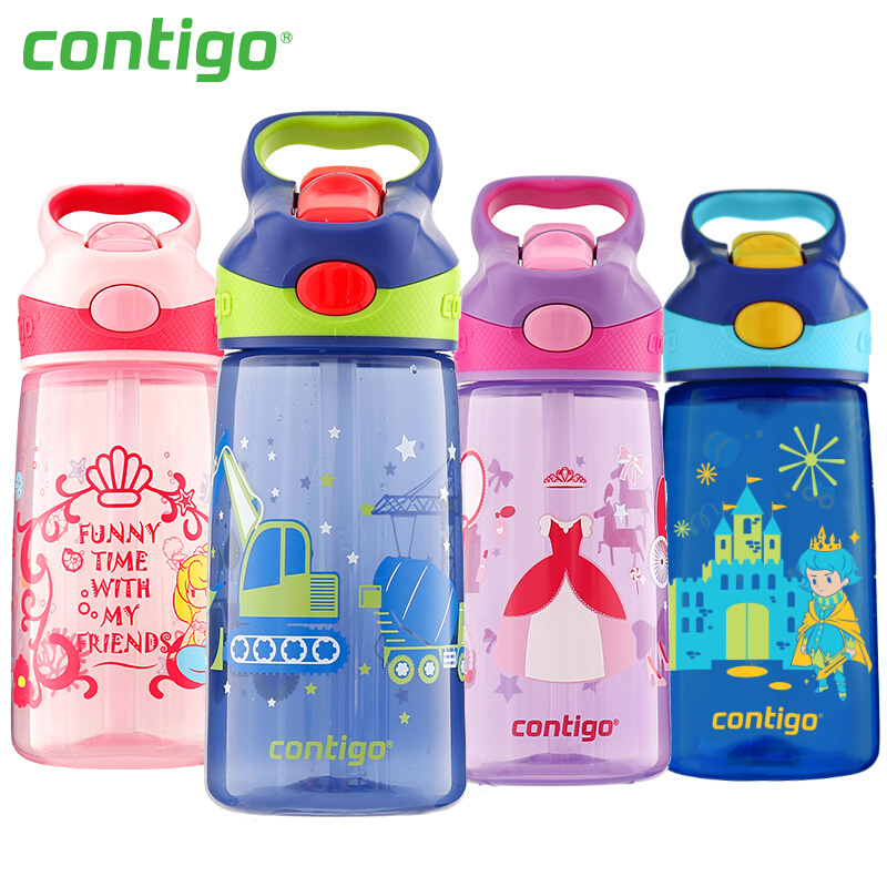 美国Contigo儿童卡通水杯吸管杯学生水壶防漏男女宝宝塑料杯450ml