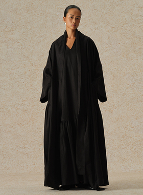 【MORIN KHUUR 牧仁】黑色系带丝麻宽松短袖长款外套