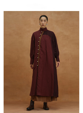 【MORIN KHUUR设计师品牌】亚麻拼色斜门襟立领开衫风衣外套