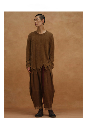 【MORIN KHUUR设计师品牌】宽松圆领毛边设计棕色毛衣
