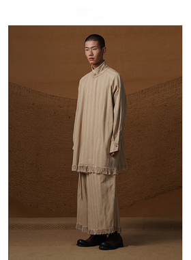 【MORIN KHUUR设计师品牌】斜门襟流苏宽松卡其条纹衬衫式外套
