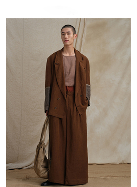 【MORIN KHUUR设计师品牌】亚麻毛边设计拼色拼料宽松西装薄外套