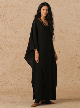 【MORIN KHUUR 牧仁】黑色不对称亚麻假两件长款连衣裙