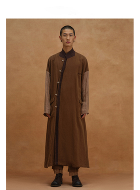 【MORIN KHUUR设计师品牌】斜门襟立领宽松拼色亚麻长款风衣外套