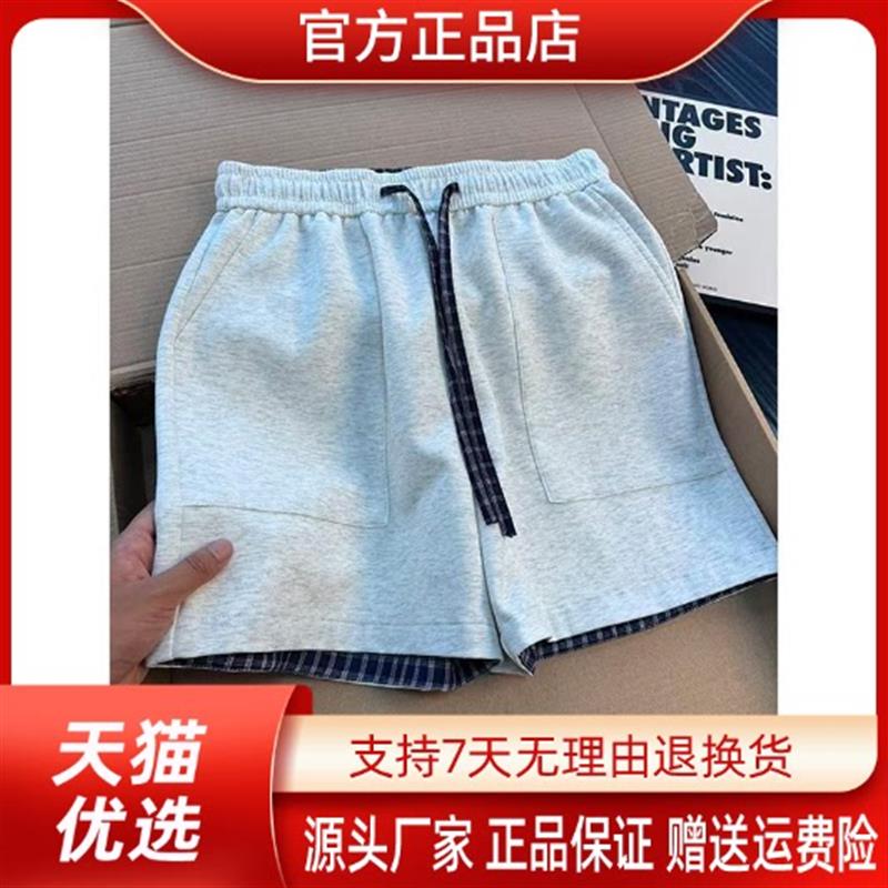 Amphelisia美式拼接格子四分短裤男夏季薄款设计感运动跑步卫裤潮