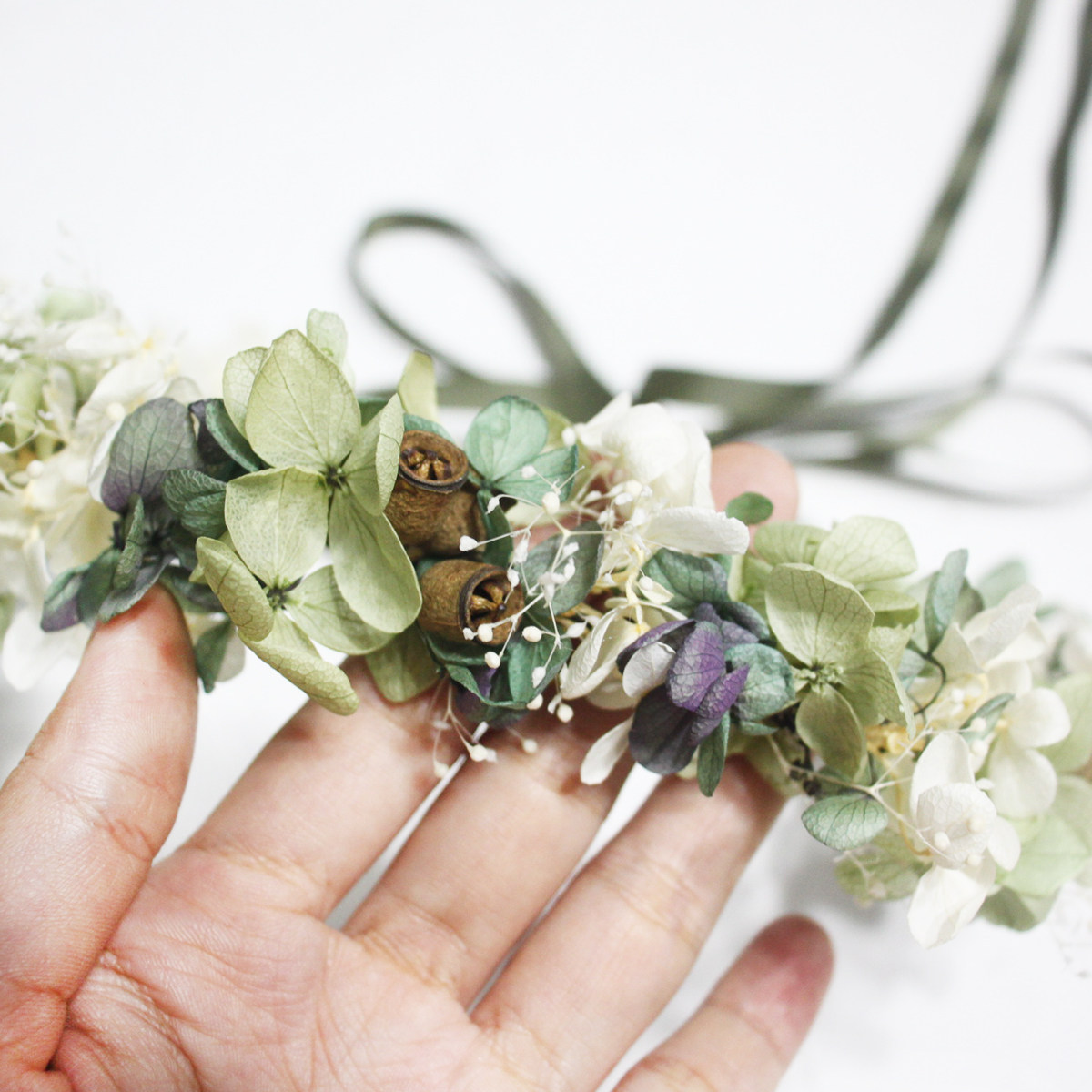 【青城与海】永生花原创设计森系豆沙绿色儿童花环婚礼新娘发饰