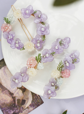 仙气儿，永生花原创手工雏菊浅紫色刘海鸭嘴夹青蛙夹发梳弹簧夹