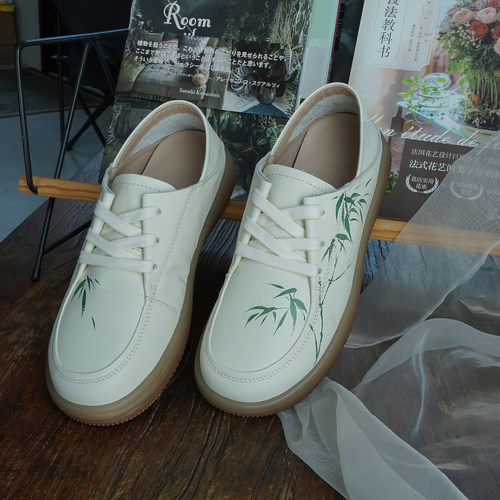 国风小白鞋真皮手绘女鞋休闲板鞋