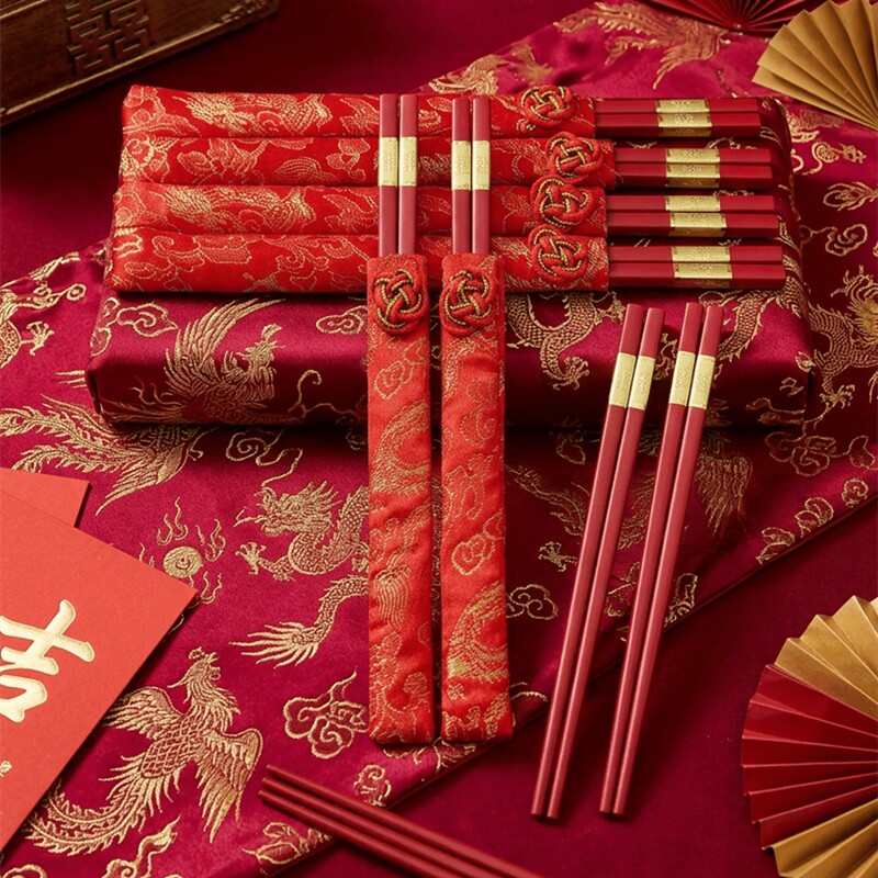 大红中式龙凤刺绣婚庆敬茶喜筷