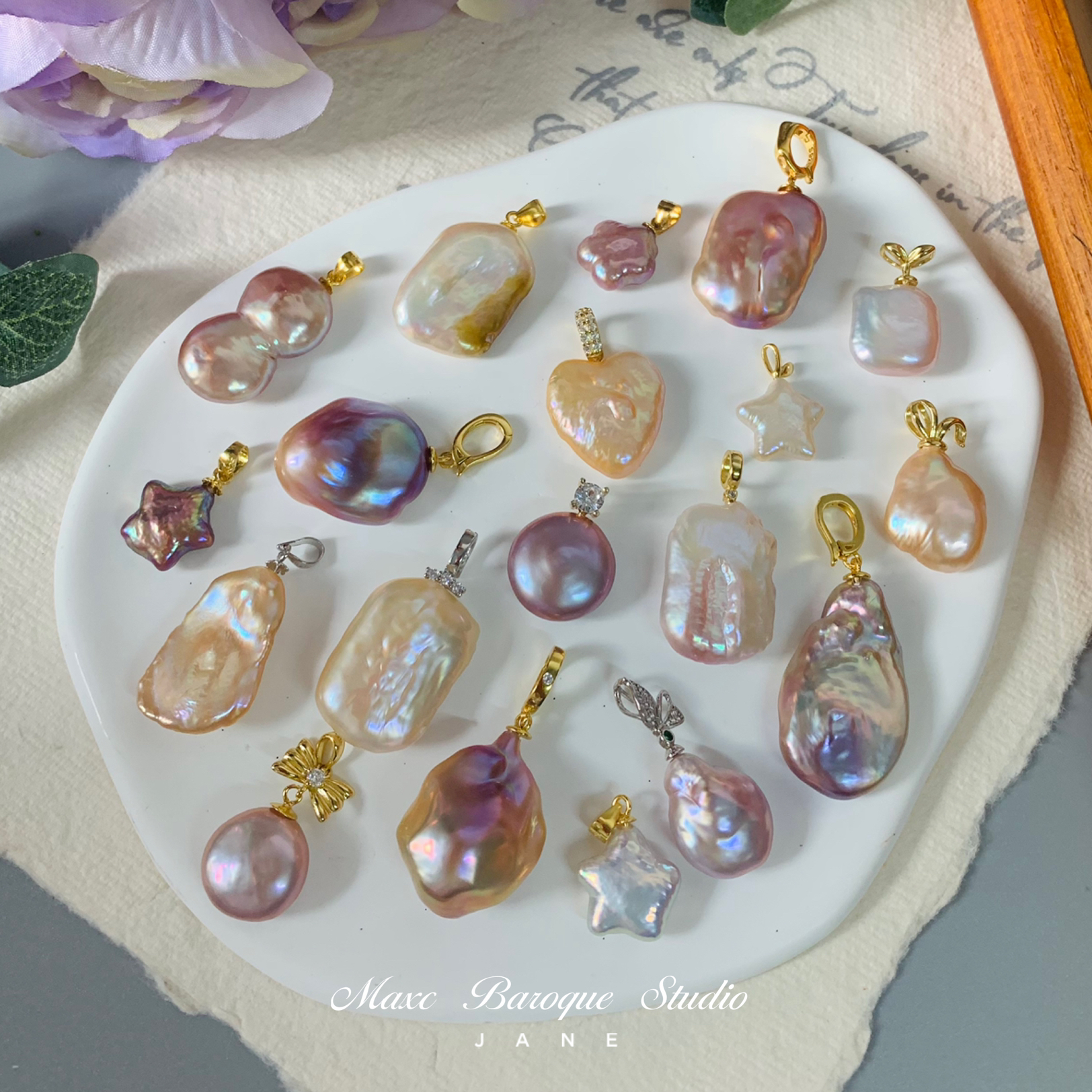 天然04巴洛克异形花瓣宝石星星纽扣大方块爱心真珍珠纯银项链吊坠