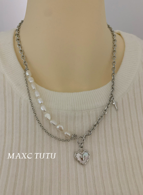 MAXC设计款巴洛克异形珍珠项链女爱心吊坠OT扣包金毛衣链小众高级