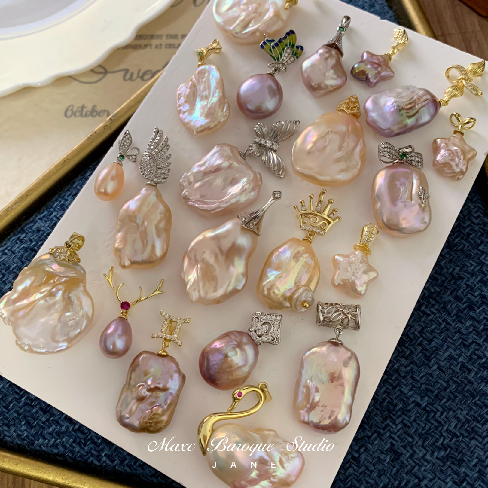 MAXC设计款07大巴洛克异形珍珠项链吊坠纯银花瓣方块纽扣挂件首饰