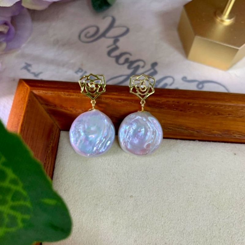 精选优质炫彩大纽扣珍珠玫瑰耳钉巴洛克纯银饰品耳环女优雅礼物