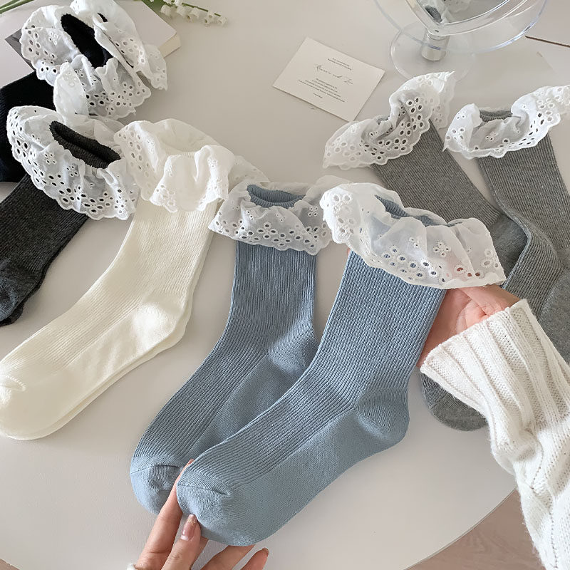 甜美蕾丝花边袜子韩版简约黑灰纯色学院风堆堆袜配小皮鞋jk中筒袜,女士内衣/男士内衣/家居服,中筒袜,淘宝优惠券,粉丝福利购,淘宝优惠卷