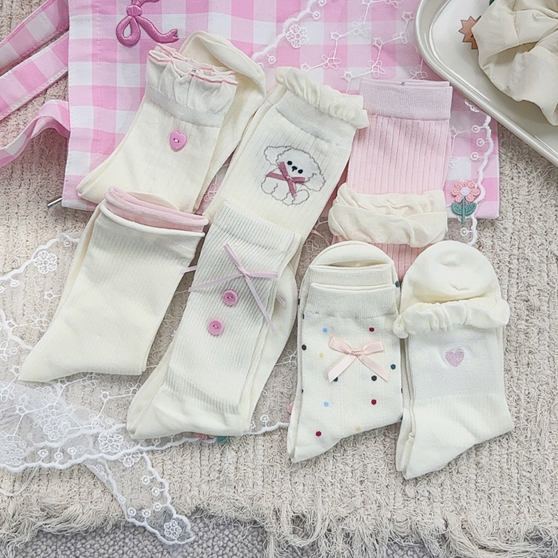 白色系温柔花边袜子甜美小爱心刺绣中筒袜立体蝴蝶结少女风堆堆袜