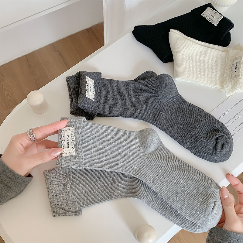 韩版灰色格雷系学院风花边长筒袜