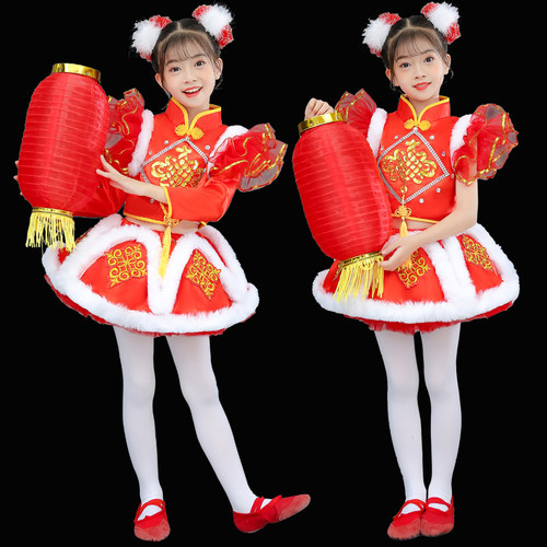 中国红男女喜庆太平鼓舞蹈演出服