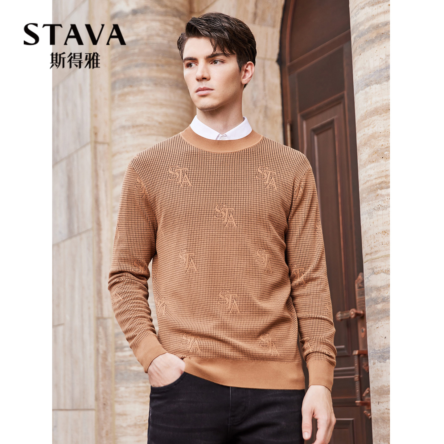 【商场同款】斯得雅格纹提花毛衣男2025秋冬毛衫轻柔圆领针织衫男
