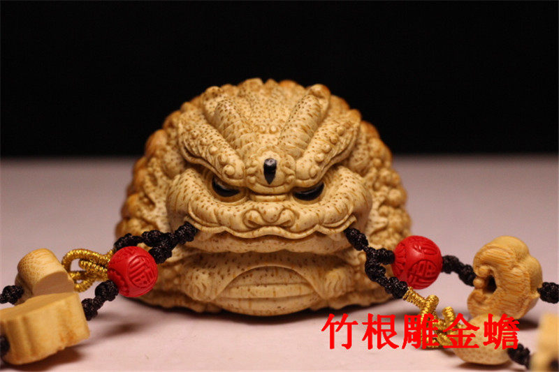 竹根雕金蟾手把件名家作品四大钭忠云大师的精工作品霸王龙蟾摆件