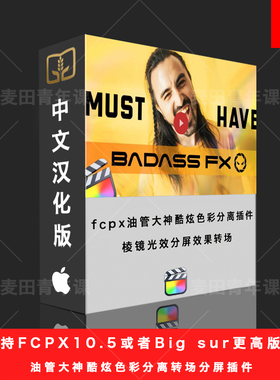 FCPX插件m1油管大神酷炫色彩分离棱镜光效分屏效果转场BadAss FX4