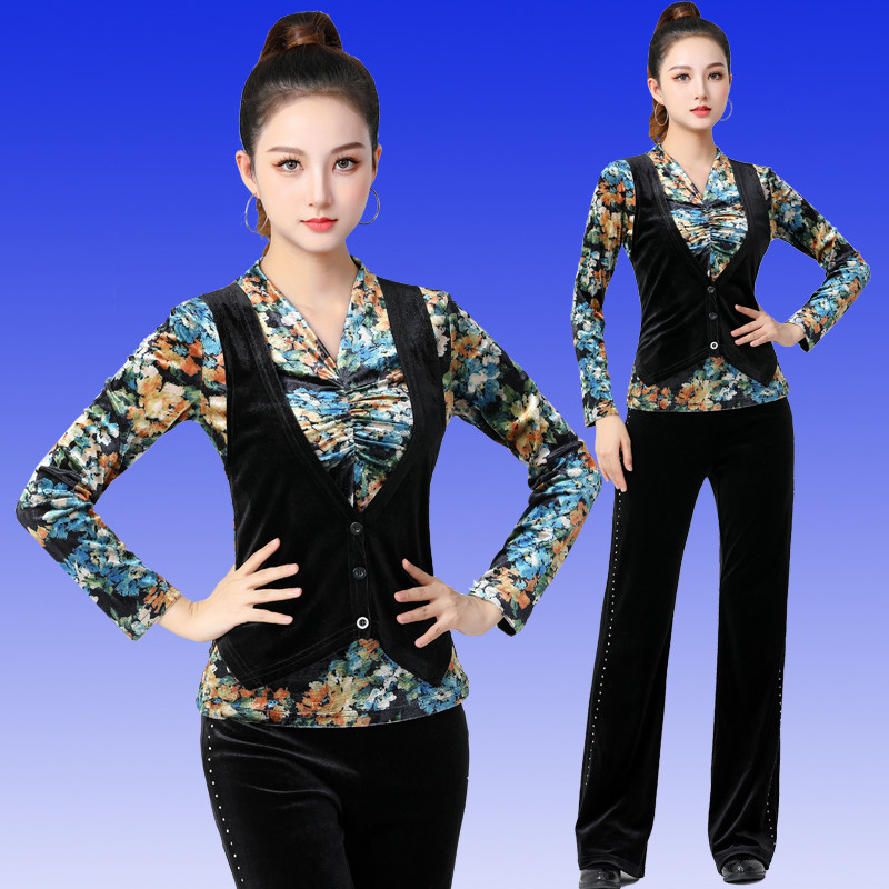 吉特巴舞蹈服新款秋冬假两件丝绒印花拉丁舞长袖新潮吉舞表演服装