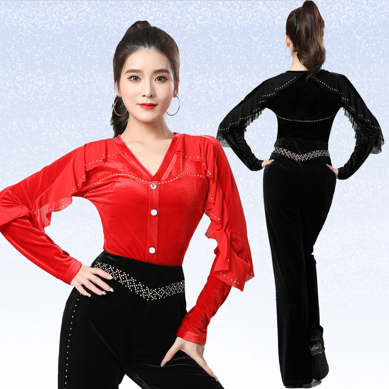丝绒长袖烫钻舞蹈服秋款