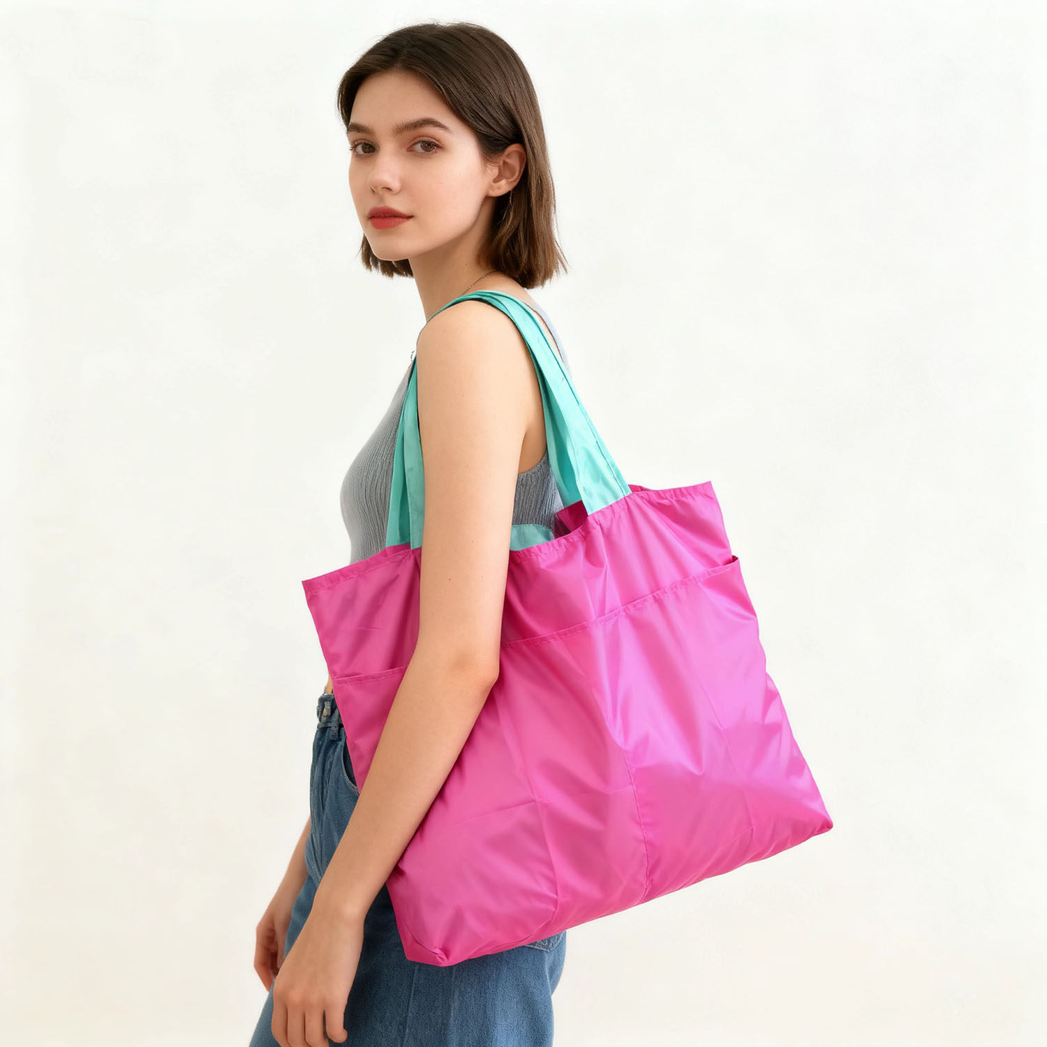 纯色拉链折叠购物袋防水收纳袋便携超市买菜包大容量环保大号袋子