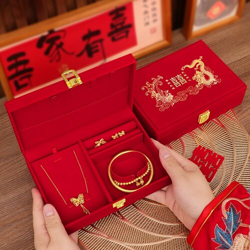 结婚订婚三金首饰盒红色绒布