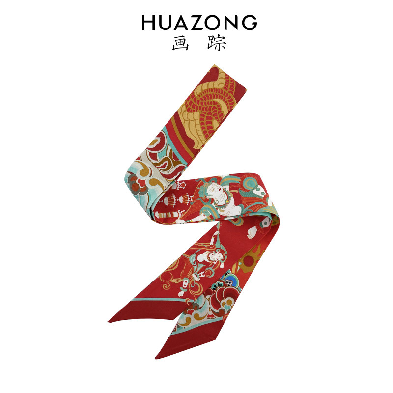 画踪真丝小丝巾敦煌反弹琵琶100%桑蚕丝窄发带博物馆文创龙年礼物