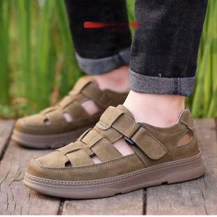 真皮凉鞋男夏季新款魔术贴镂空透气软底耐磨上线休闲包头沙滩鞋