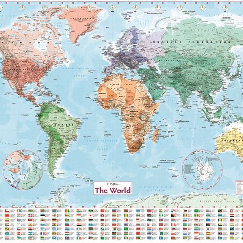 铜版纸双面覆膜防水纸质英文世界地图map